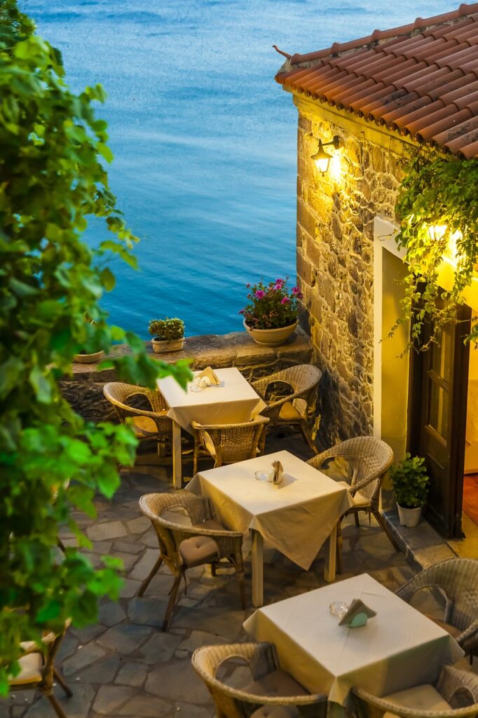 restaurant, food, nature, table, sea, plant, traditional, village, light